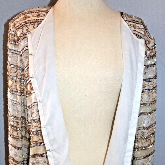 80s Evening Jacket Beads Sequins 100% Silk Ivory Gold Women's - Picture 8 of 16